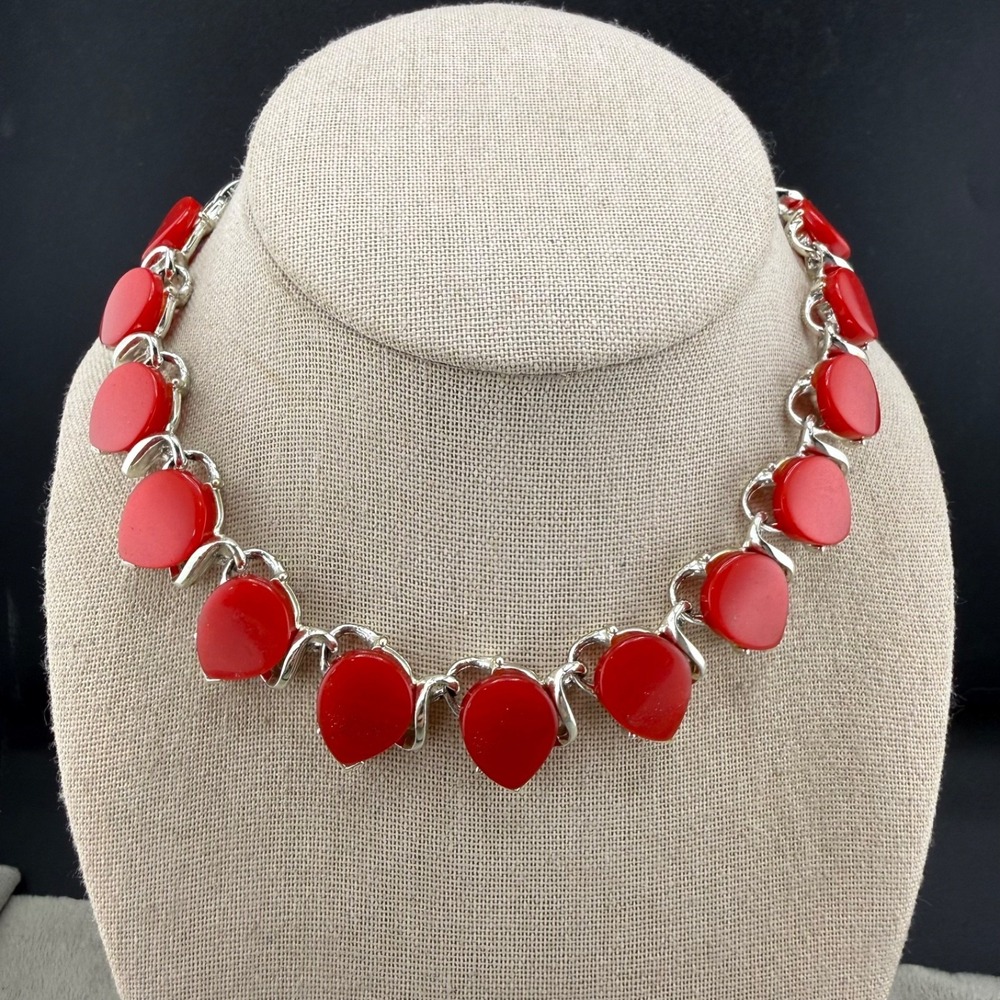 Vintage Thermoset Necklace Silver Tone Red Adjustable 14"